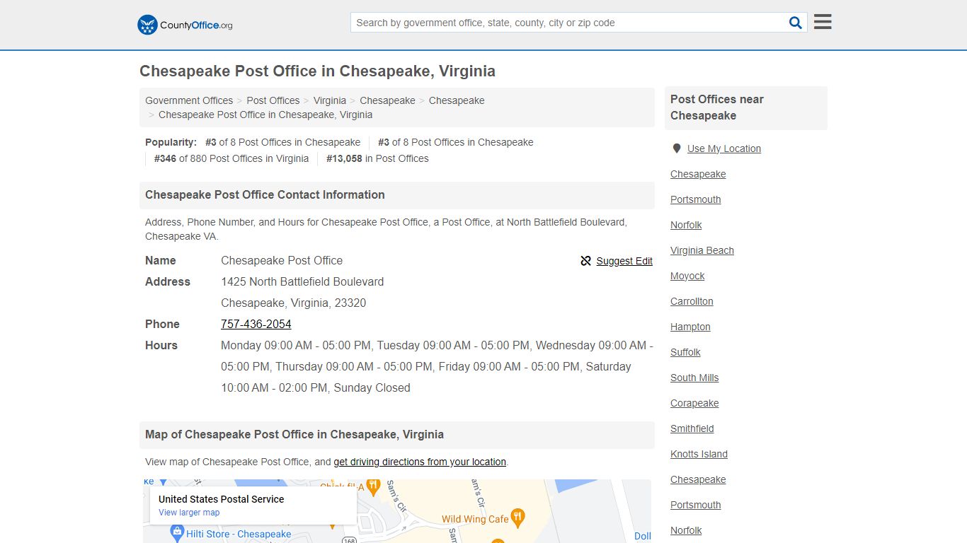 Chesapeake Post Office - Chesapeake, VA (Address, Phone, and Hours)