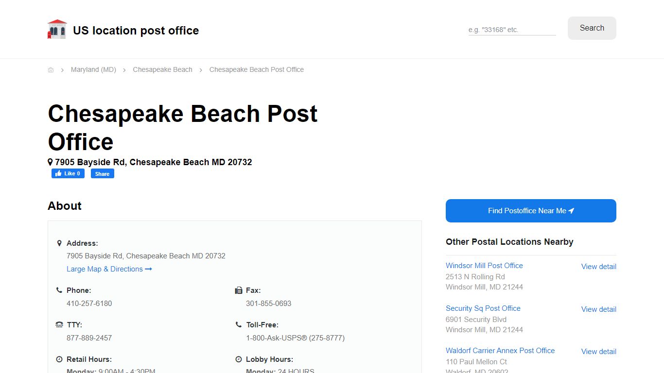 Chesapeake Beach Post Office, MD 20732 - Hours Phone Service and Location